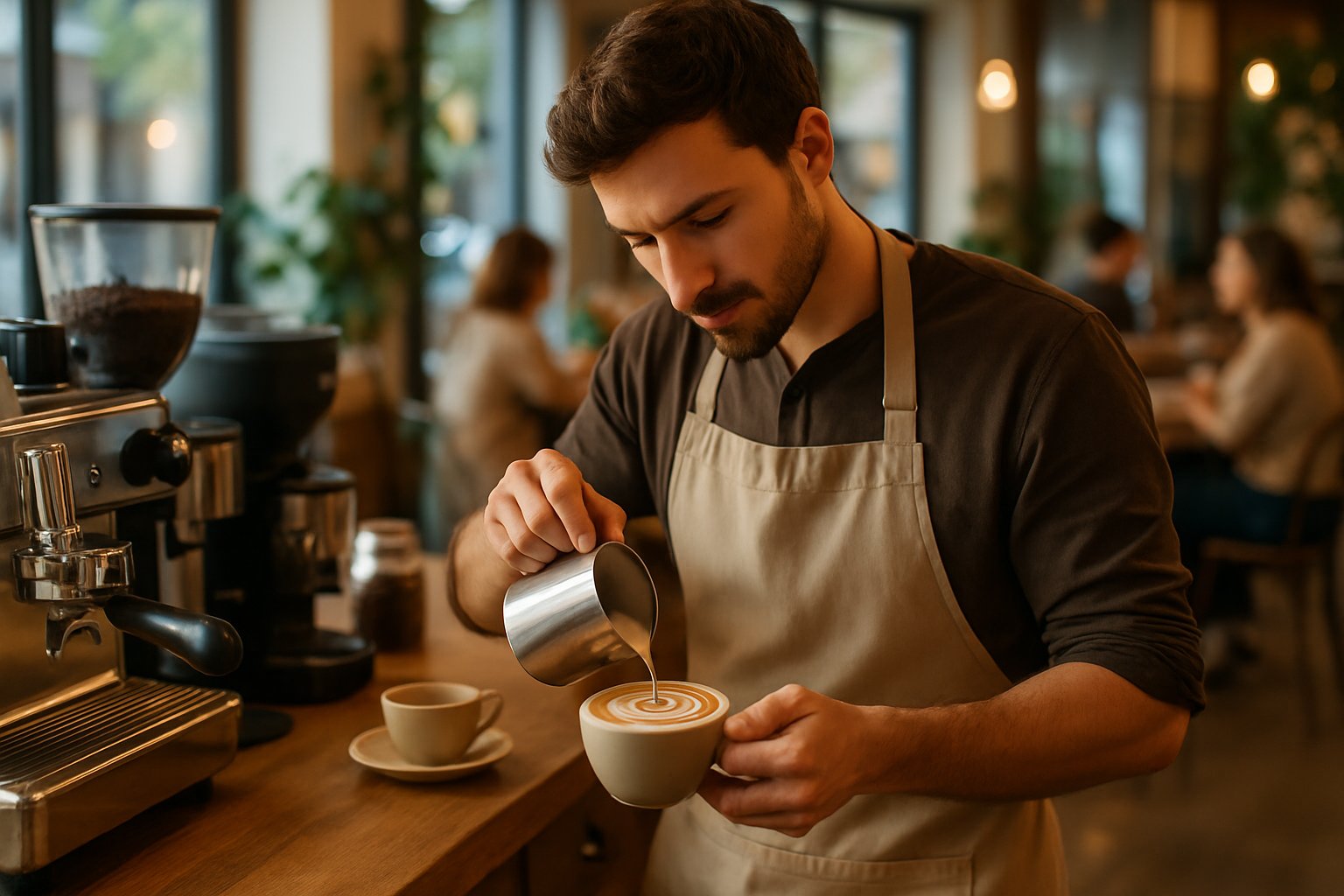 Ein Barista gießt Milch in einen Espresso, um Latte Art zu machen, in einem gemütlichen Café mit natürlichem Licht und Holzmöbeln.