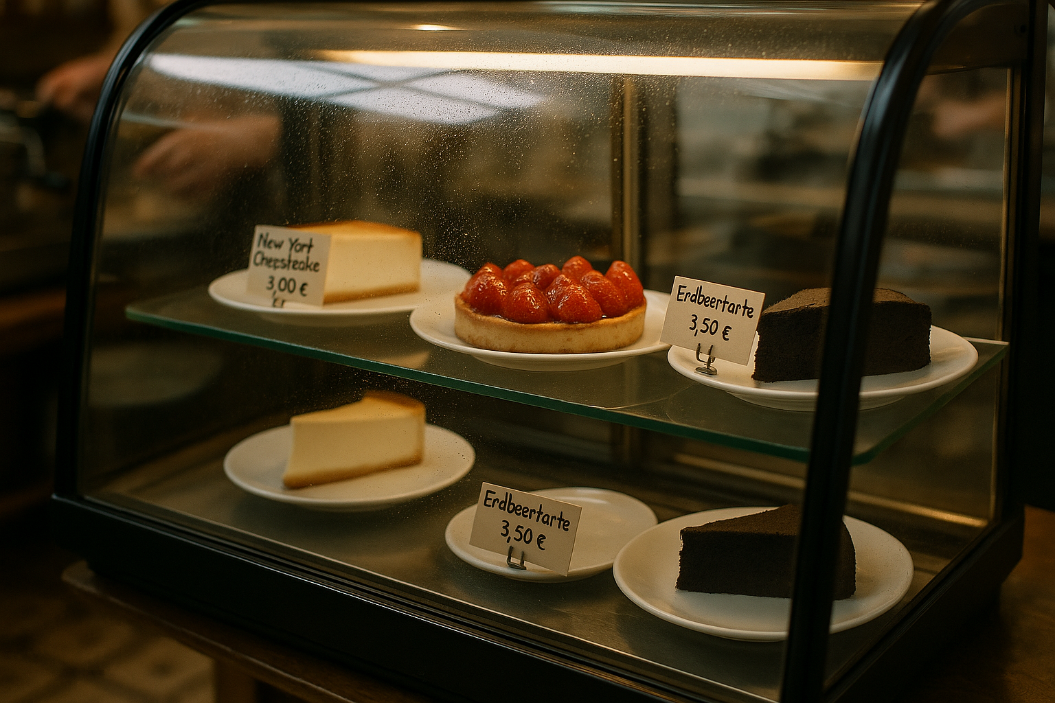 Kühlvitrine mit Cheesecake, Erdbeertarte und Schokokuchen im Café