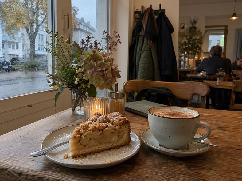 Stück Apfelkuchen mit Streuseln und eine Tasse Chai auf einem Holztisch im Café, Regentropfen am Fenster